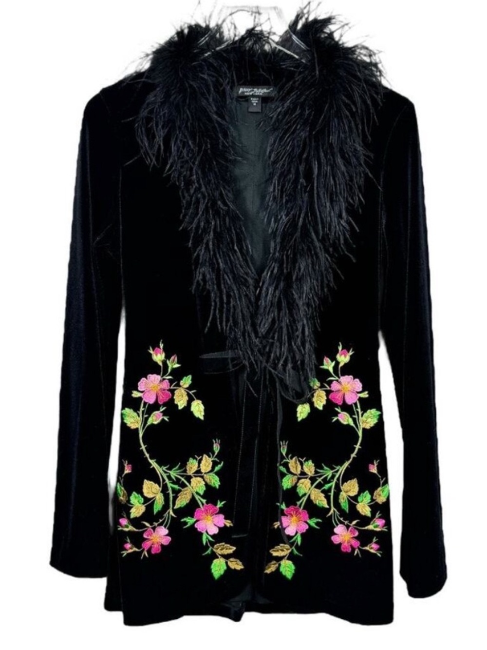 Betsey Johnson Vintage Velvet Floral Embroidered Jacket w/ Feather Trim Size S - Picture 2 of 7